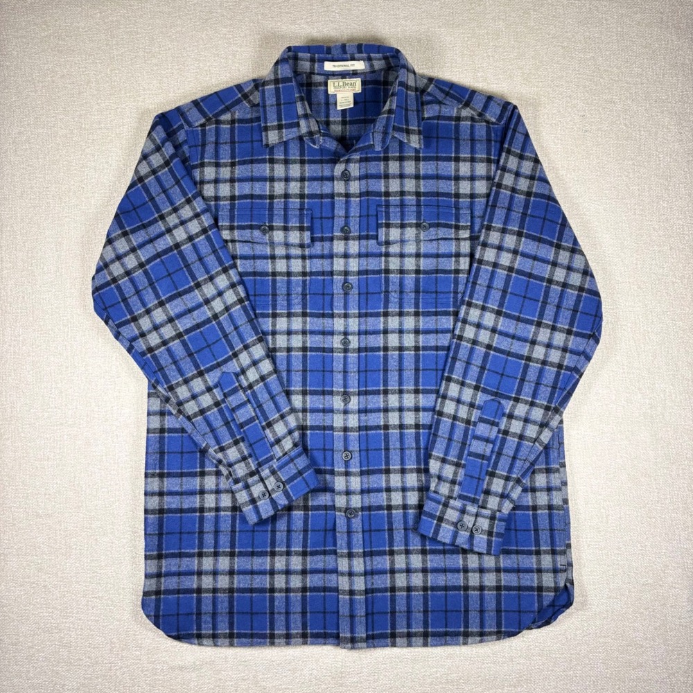 LL Bean Chamois Cloth Shirt Mens Large Tall Blue Grey Plaid Traditional Fit